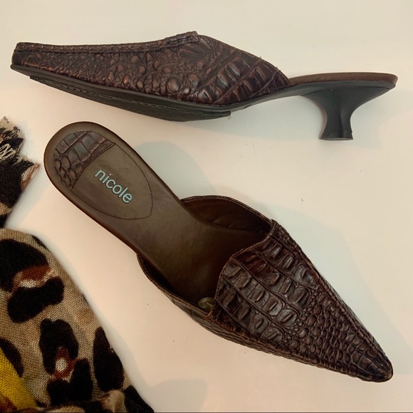 square toe croc kitten heel mules